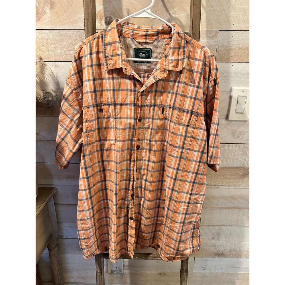 GH Bass Mens XXL Orange Plaid Short Sleeve Button Down Fishing Shirt Mesh Back